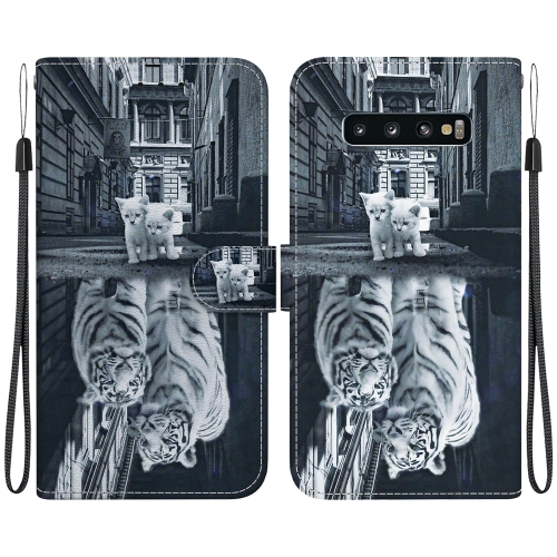 

For Samsung Galaxy S10+ Crystal Texture Colored Drawing Leather Phone Case(Cat Tiger Reflection)