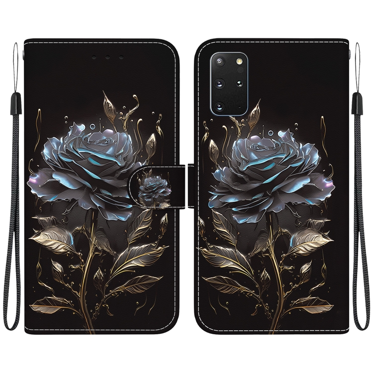 

For Samsung Galaxy S20+ Crystal Texture Colored Drawing Leather Phone Case(Black Rose)