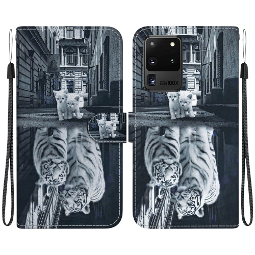 

For Samsung Galaxy S20 Ultra Crystal Texture Colored Drawing Leather Phone Case(Cat Tiger Reflection)