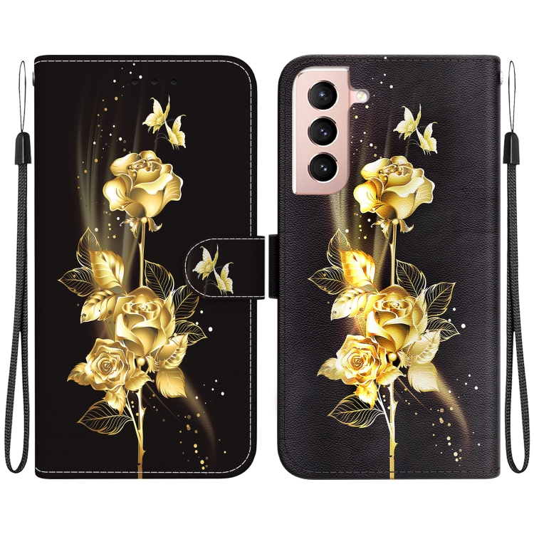 

For Samsung Galaxy S21 FE 5G Crystal Texture Colored Drawing Leather Phone Case(Gold Butterfly Rose)