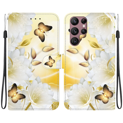 

For Samsung Galaxy S22 Ultra 5G Crystal Texture Colored Drawing Leather Phone Case(Gold Butterfly Epiphyllum)
