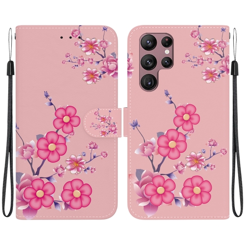 

For Samsung Galaxy S22 Ultra 5G Crystal Texture Colored Drawing Leather Phone Case(Cherry Blossoms)