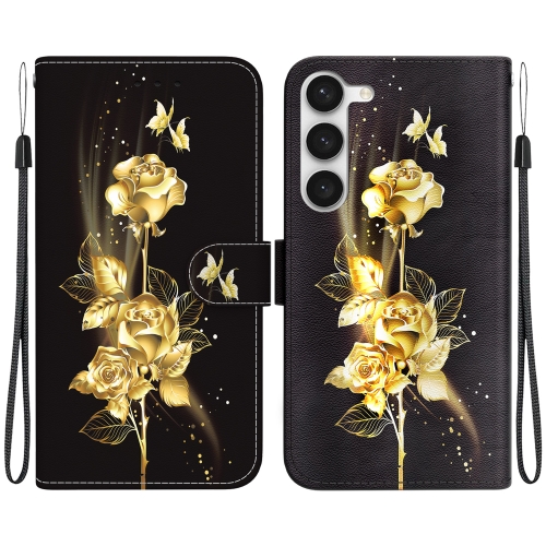 

For Samsung Galaxy S23 5G Crystal Texture Colored Drawing Leather Phone Case(Gold Butterfly Rose)