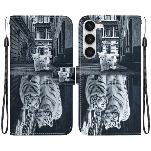 

For Samsung Galaxy S23 5G Crystal Texture Colored Drawing Leather Phone Case(Cat Tiger Reflection)