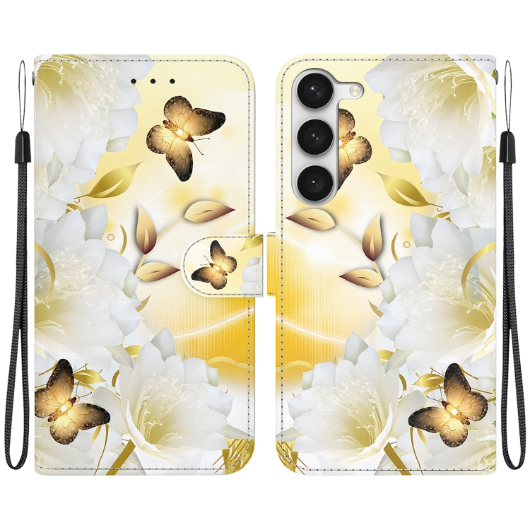 

For Samsung Galaxy S23 5G Crystal Texture Colored Drawing Leather Phone Case(Gold Butterfly Epiphyllum)