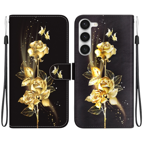 

For Samsung Galaxy S23+ 5G Crystal Texture Colored Drawing Leather Phone Case(Gold Butterfly Rose)