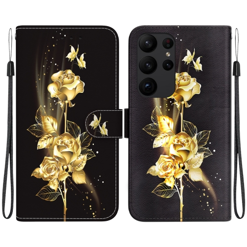 

For Samsung Galaxy S23 Ultra 5G Crystal Texture Colored Drawing Leather Phone Case(Gold Butterfly Rose)