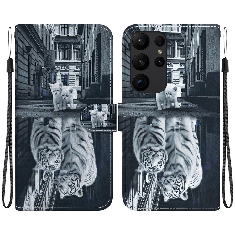 

For Samsung Galaxy S23 Ultra 5G Crystal Texture Colored Drawing Leather Phone Case(Cat Tiger Reflection)
