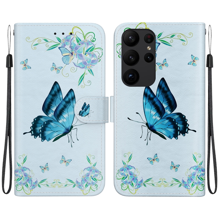

For Samsung Galaxy S23 Ultra 5G Crystal Texture Colored Drawing Leather Phone Case(Blue Pansies)