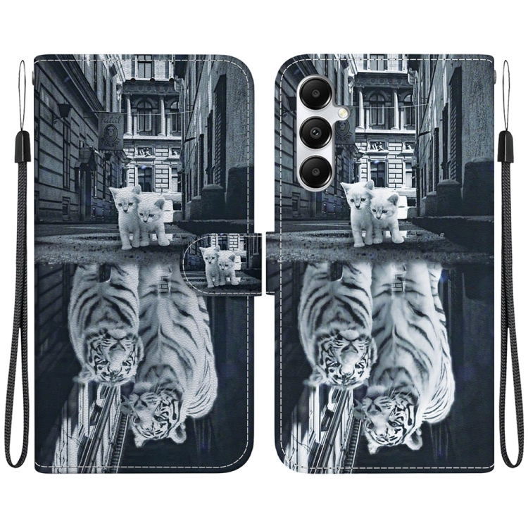 

For Samsung Galaxy A05s Crystal Texture Colored Drawing Leather Phone Case(Cat Tiger Reflection)