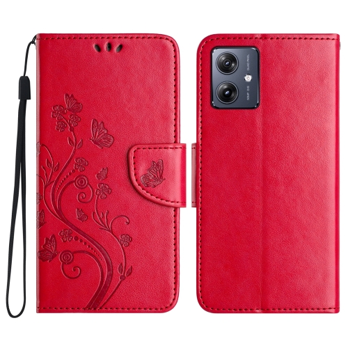 

For Motorola Moto G54 Butterfly Flower Pattern Flip Leather Phone Case(Red)