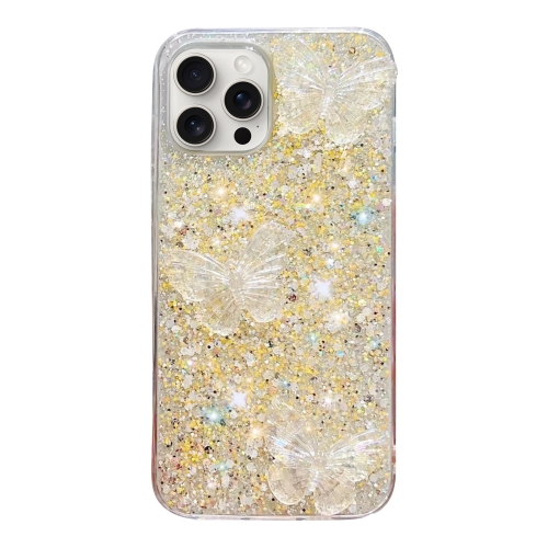 

For iPhone 15 Pro Max Starry Sequin Crystal Butterflies Epoxy TPU Phone Case(Yellow)