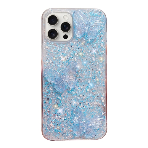 

For iPhone 15 Pro Max Starry Sequin Crystal Butterflies Epoxy TPU Phone Case(Blue)