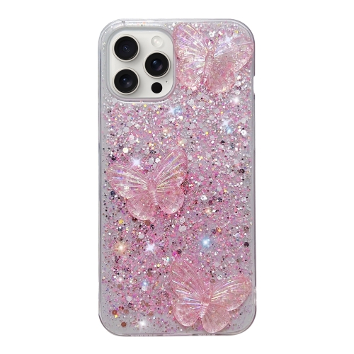 

For iPhone 15 Pro Starry Sequin Crystal Butterflies Epoxy TPU Phone Case(Pink)