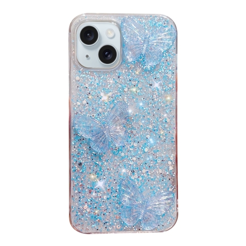 

For iPhone 15 Plus Starry Sequin Crystal Butterflies Epoxy TPU Phone Case(Blue)