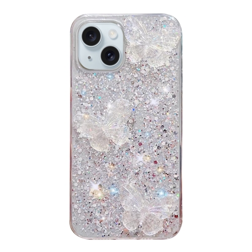 

For iPhone 15 Starry Sequin Crystal Butterflies Epoxy TPU Phone Case(Silver)