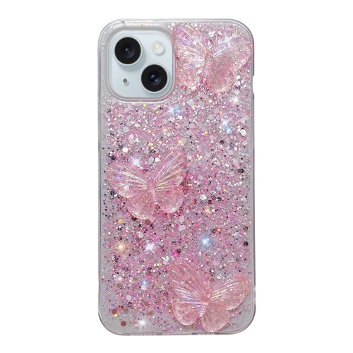 

For iPhone 14 Plus Starry Sequin Crystal Butterflies Epoxy TPU Phone Case(Pink)