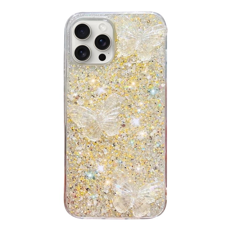 

For iPhone 14 Pro Starry Sequin Crystal Butterflies Epoxy TPU Phone Case(Yellow)