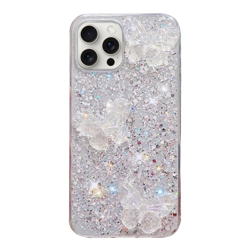 

For iPhone 14 Pro Max Starry Sequin Crystal Butterflies Epoxy TPU Phone Case(Silver)