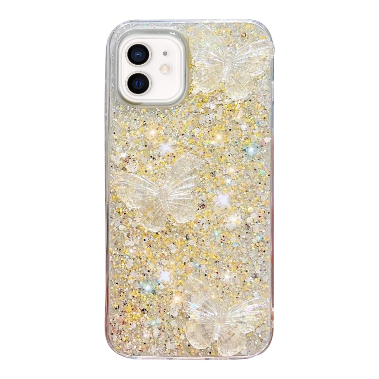 

For iPhone 12 Starry Sequin Crystal Butterflies Epoxy TPU Phone Case(Yellow)