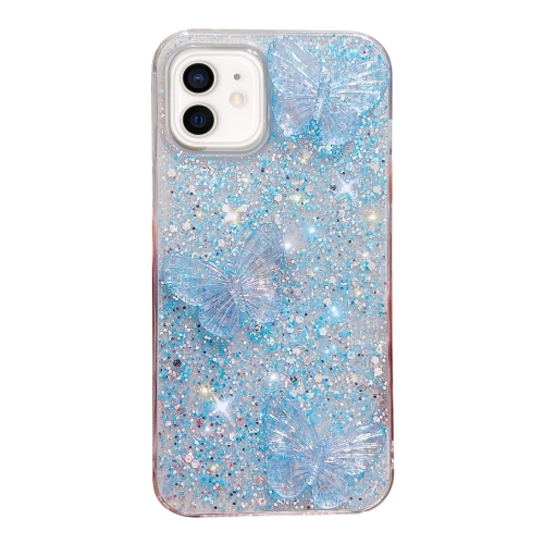 

For iPhone 12 Starry Sequin Crystal Butterflies Epoxy TPU Phone Case(Blue)