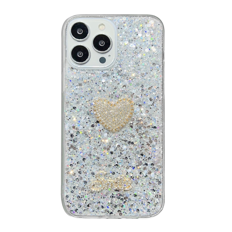 

For iPhone 15 Pro Starry Sequin Diamond Heart Epoxy TPU Phone Case(Silver)