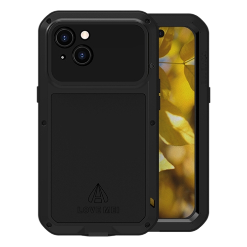 For iPhone 15 LOVE MEI Metal Shockproof Life Waterproof Dustproof Phone Case(Black) set up spray waterproof