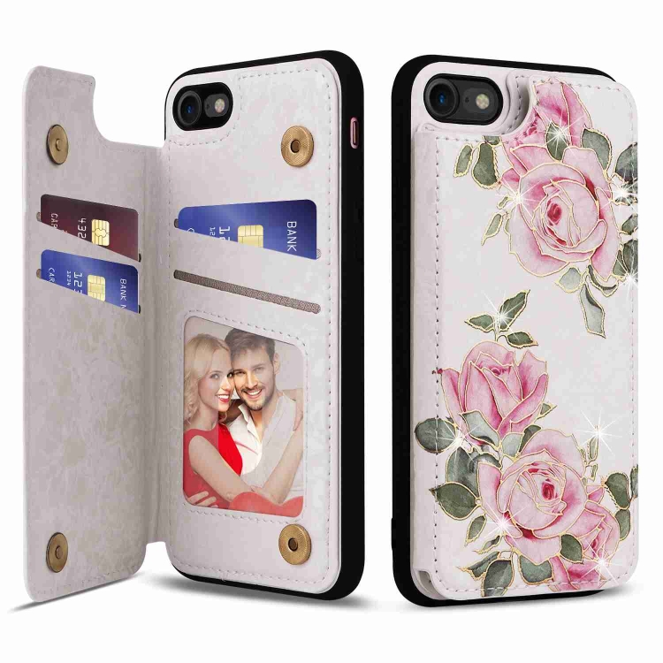 

For iPhone SE 2022 / SE 2020 Printed Double Buckle RFID Anti-theft Phone Case(Rose)