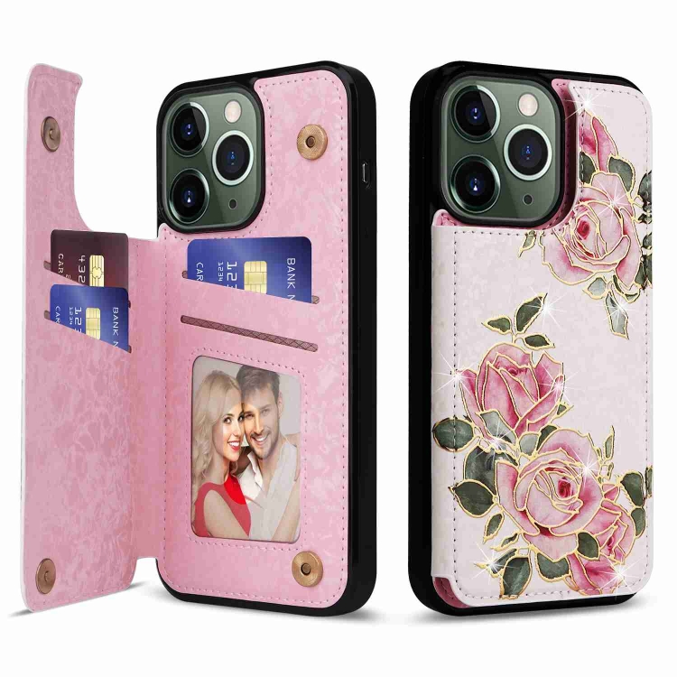 

For iPhone 11 Pro Max Printed Double Buckle RFID Anti-theft Phone Case(Rose)