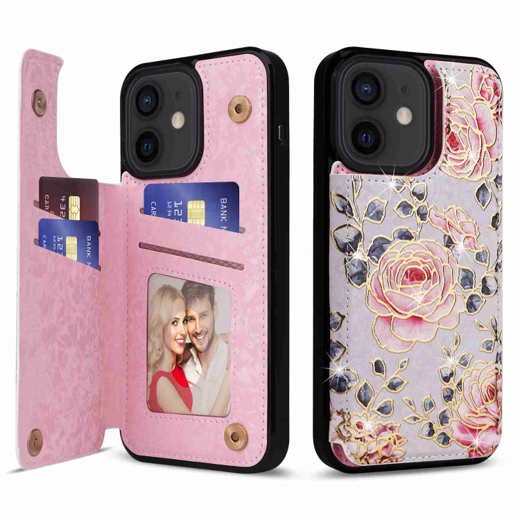 

For iPhone 12 / 12 Pro Printed Double Buckle RFID Anti-theft Phone Case(Pastoral Rose)