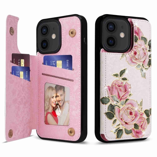 

For iPhone 12 / 12 Pro Printed Double Buckle RFID Anti-theft Phone Case(Rose)