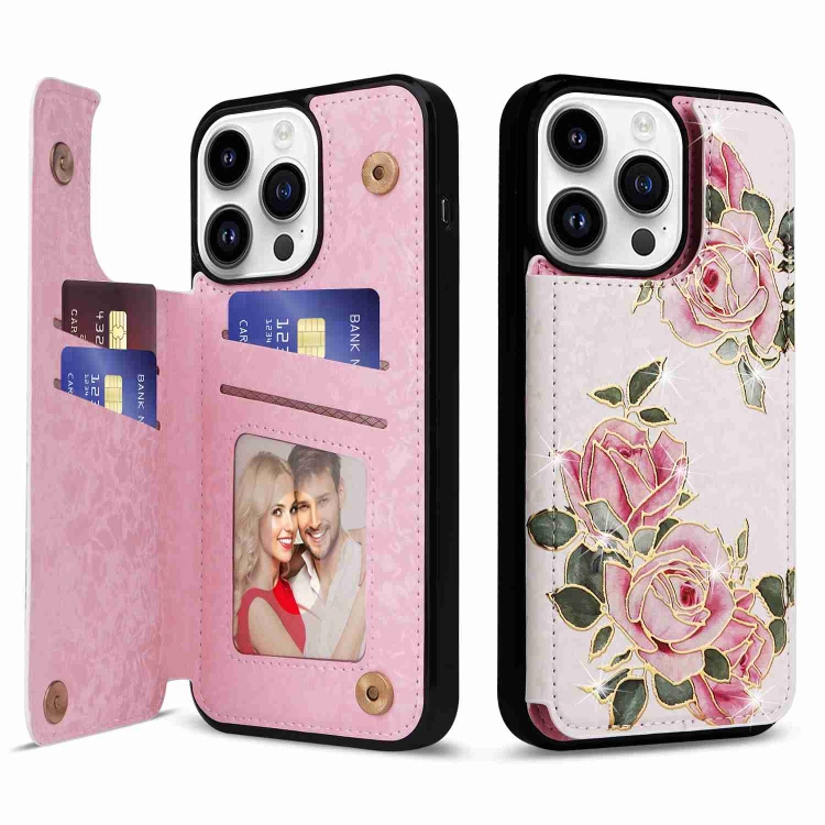 

For iPhone 14 Pro Max Printed Double Buckle RFID Anti-theft Phone Case(Rose)