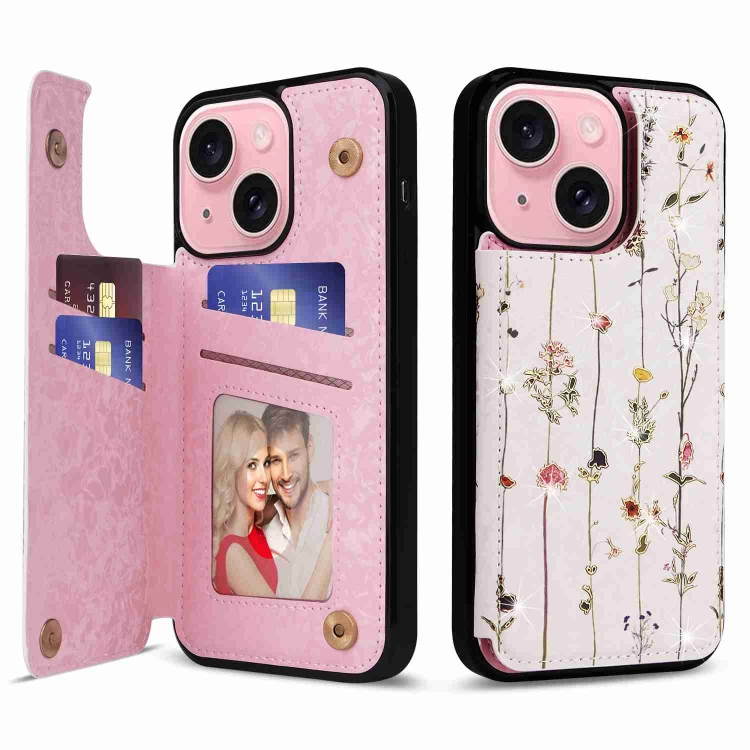 

For iPhone 15 Printed Double Buckle RFID Anti-theft Phone Case(Dried Flower World)