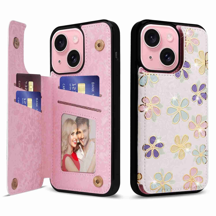 

For iPhone 15 Plus Printed Double Buckle RFID Anti-theft Phone Case(Blossoming Flowers)