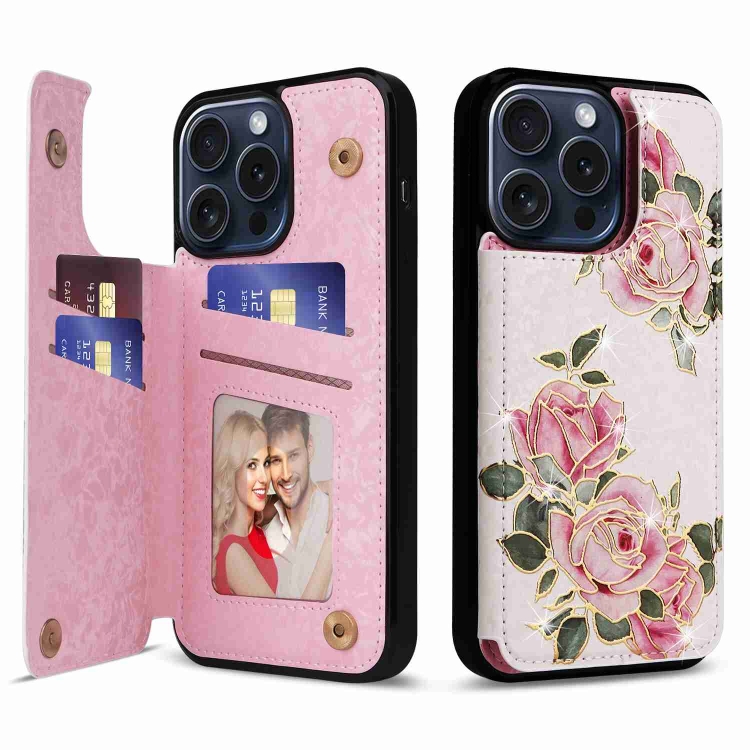 

For iPhone 15 Pro Printed Double Buckle RFID Anti-theft Phone Case(Rose)