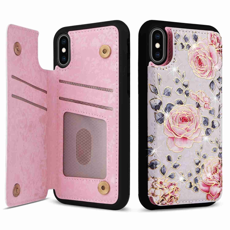 

For iPhone XS / X Printed Double Buckle RFID Anti-theft Phone Case(Pastoral Rose)