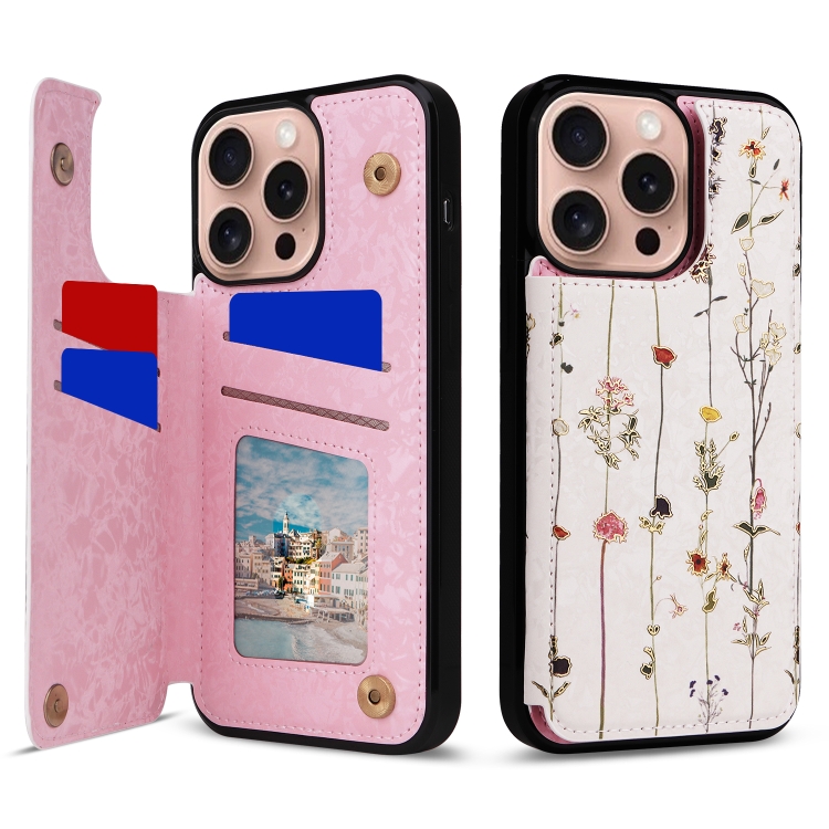 

For iPhone 16 Pro Printed Double Buckle RFID Anti-theft Phone Case(Dried Flower World)