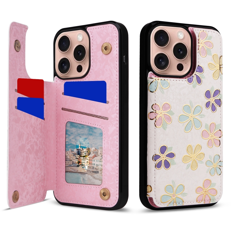 

For iPhone 16 Pro Printed Double Buckle RFID Anti-theft Phone Case(Blossoming Flowers)