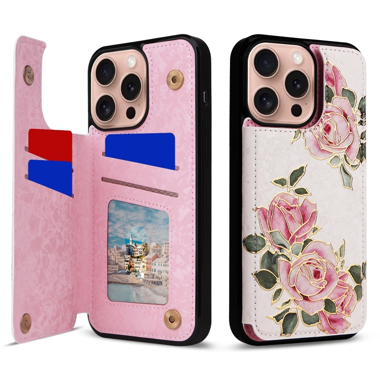 

For iPhone 16 Pro Printed Double Buckle RFID Anti-theft Phone Case(Rose)