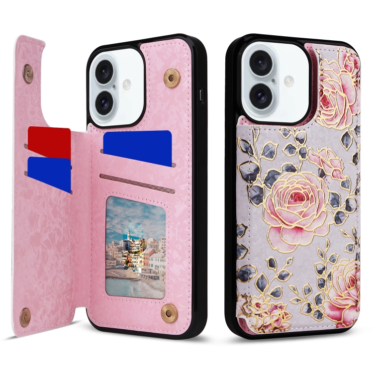 

For iPhone 16 Plus Printed Double Buckle RFID Anti-theft Phone Case(Pastoral Rose)