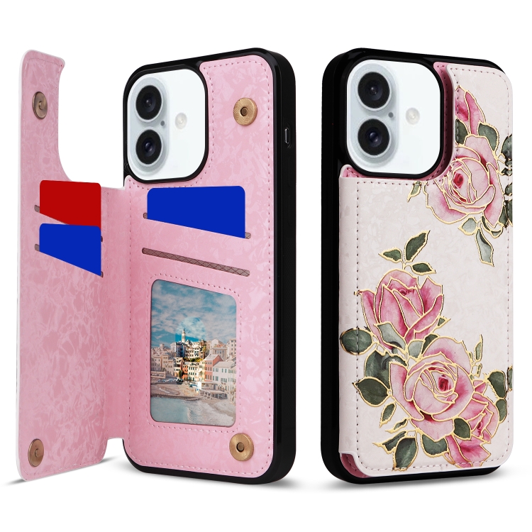 

For iPhone 16 Plus Printed Double Buckle RFID Anti-theft Phone Case(Rose)