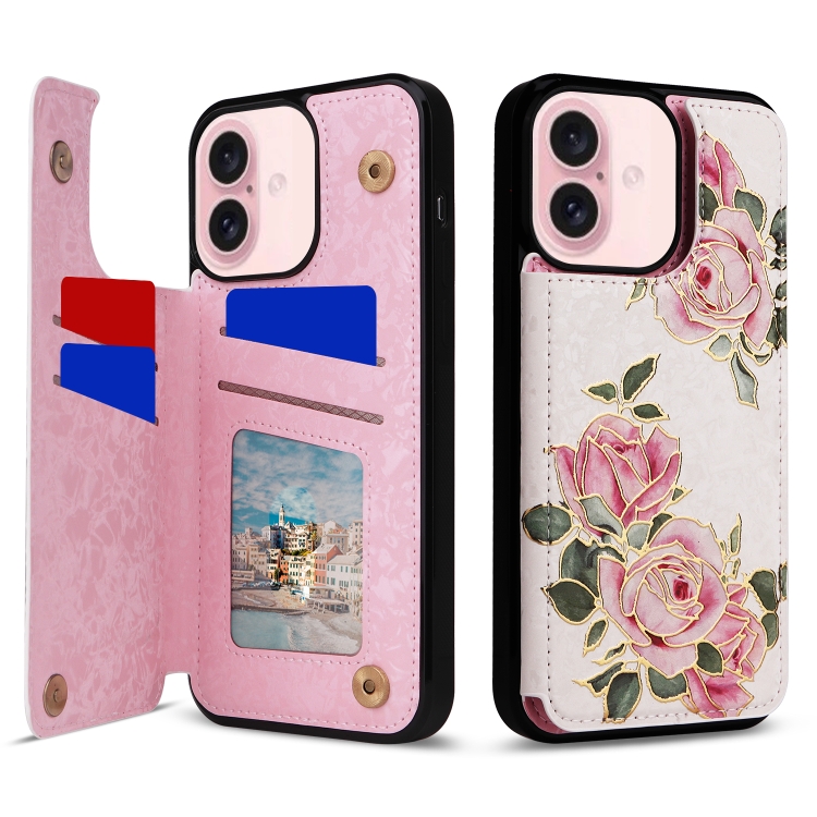 

For iPhone 16 Printed Double Buckle RFID Anti-theft Phone Case(Rose)