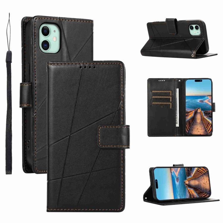 

For iPhone 11 PU Genuine Leather Texture Embossed Line Phone Case(Black)
