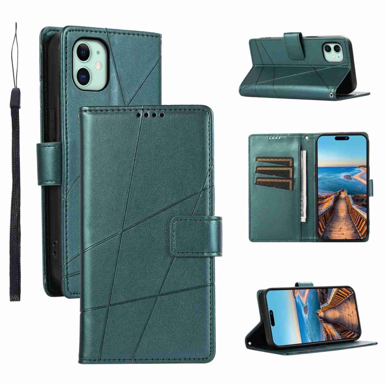 

For iPhone 11 PU Genuine Leather Texture Embossed Line Phone Case(Green)