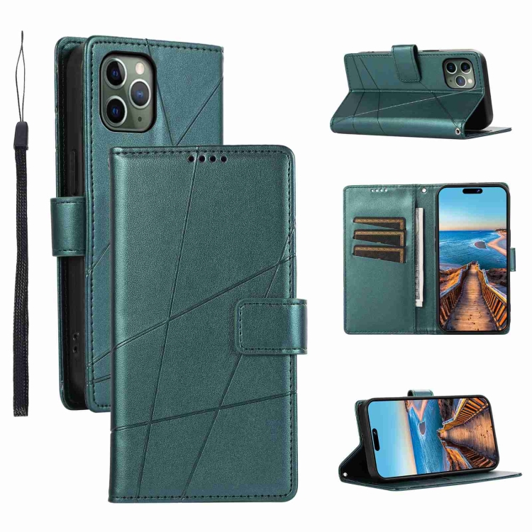 

For iPhone 11 Pro PU Genuine Leather Texture Embossed Line Phone Case(Green)