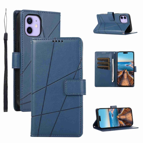 

For iPhone 12 PU Genuine Leather Texture Embossed Line Phone Case(Blue)