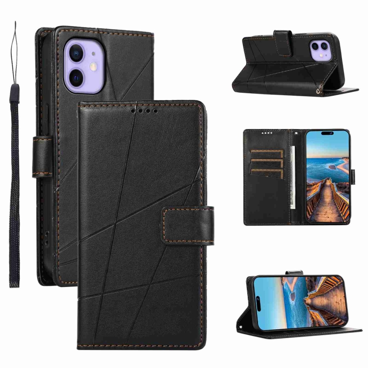 

For iPhone 12 PU Genuine Leather Texture Embossed Line Phone Case(Black)