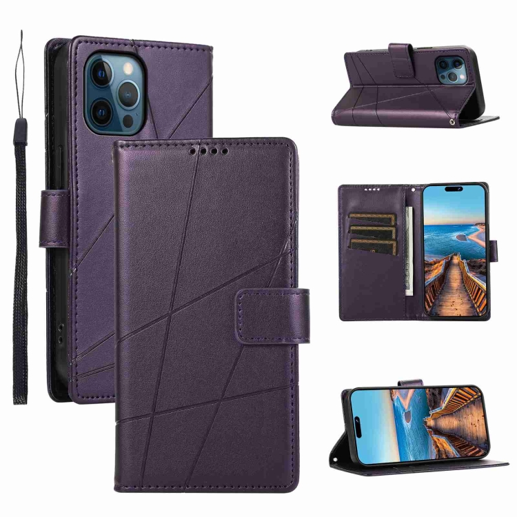 

For iPhone 12 Pro PU Genuine Leather Texture Embossed Line Phone Case(Purple)