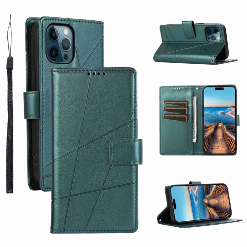 

For iPhone 12 Pro Max PU Genuine Leather Texture Embossed Line Phone Case(Green)