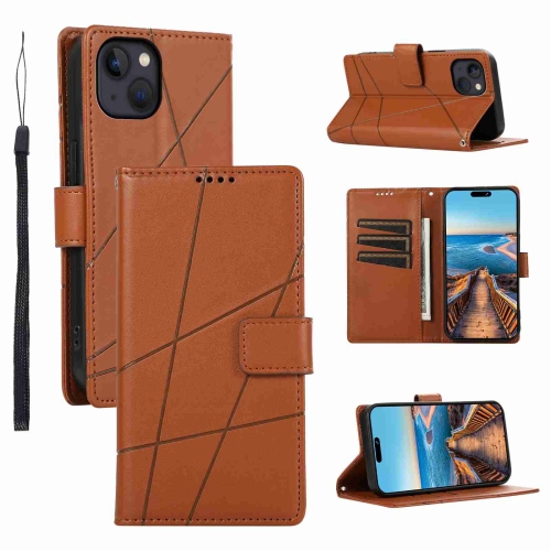 

For iPhone 13 PU Genuine Leather Texture Embossed Line Phone Case(Brown)